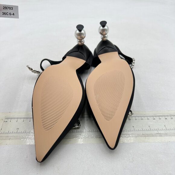 FSJ Black Pointed Toe with Two Bows Mules Perals High Heel Sandal Slip On Shoes - Picture 7 of 8